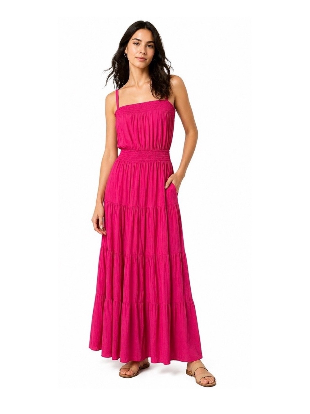 Evereve Fuchsia Pink Smocked Waist Tiered Maxi Dress Size XS